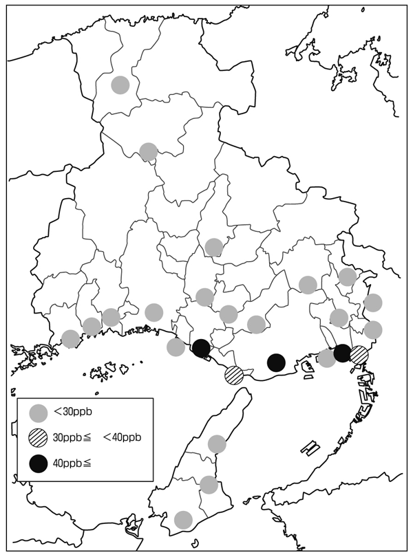 2014年空気の汚れ全県調査 結果 43号線沿いでNO<sub>2</sub>基準超