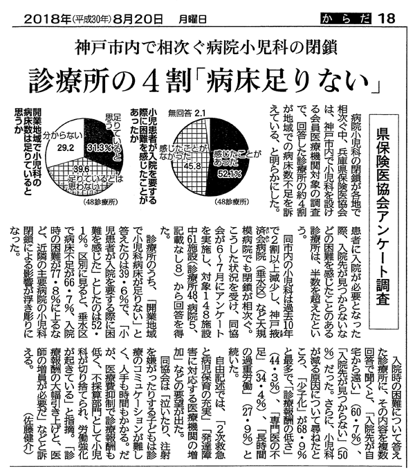神戸市小児科アンケート結果について各紙が報道 <br/>神戸の小児病床が足りない　マスコミ懇談会を開催